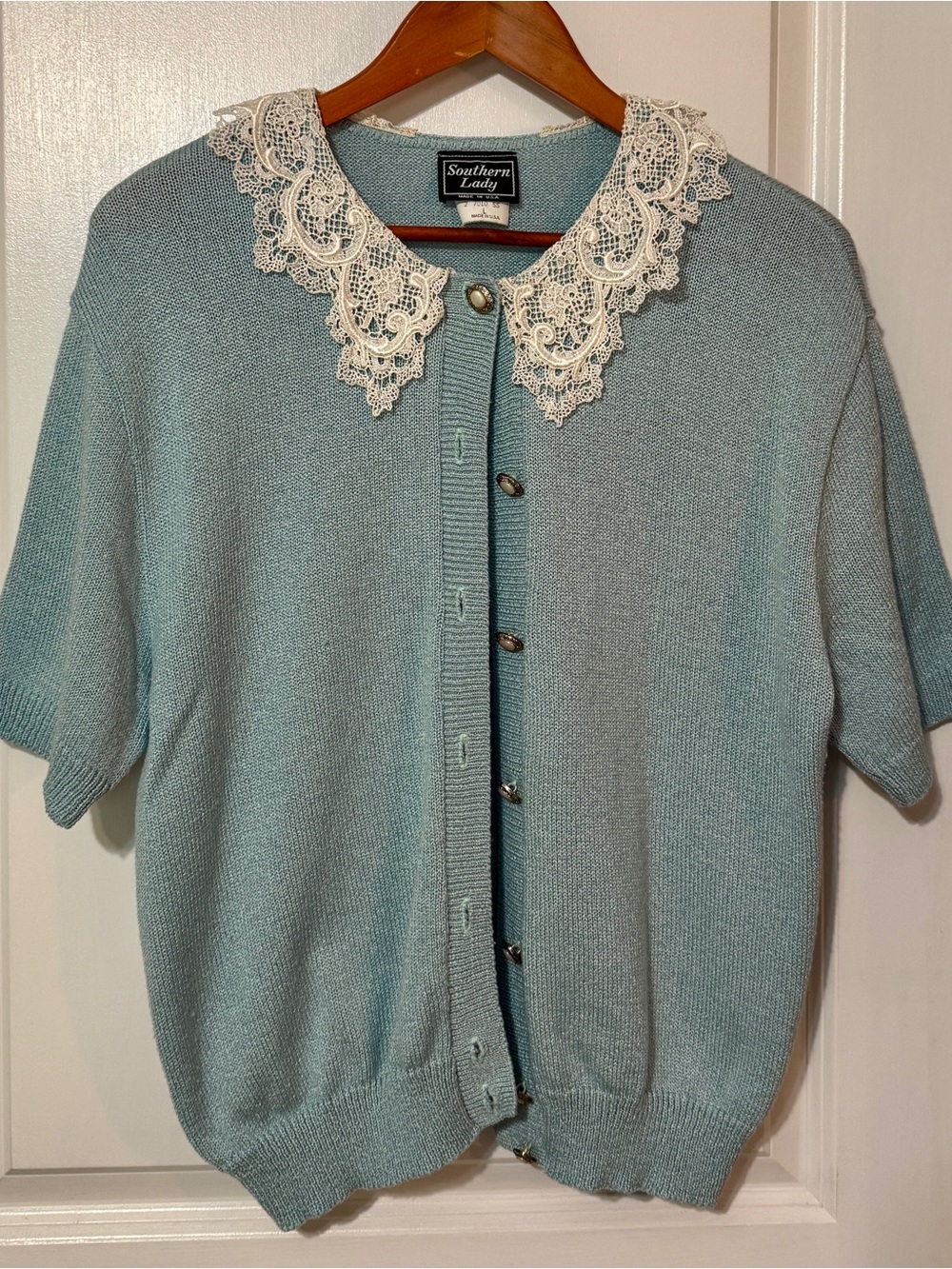 Southern Lady SS Cardigan - minty blue with lace collars and vintage buttons.